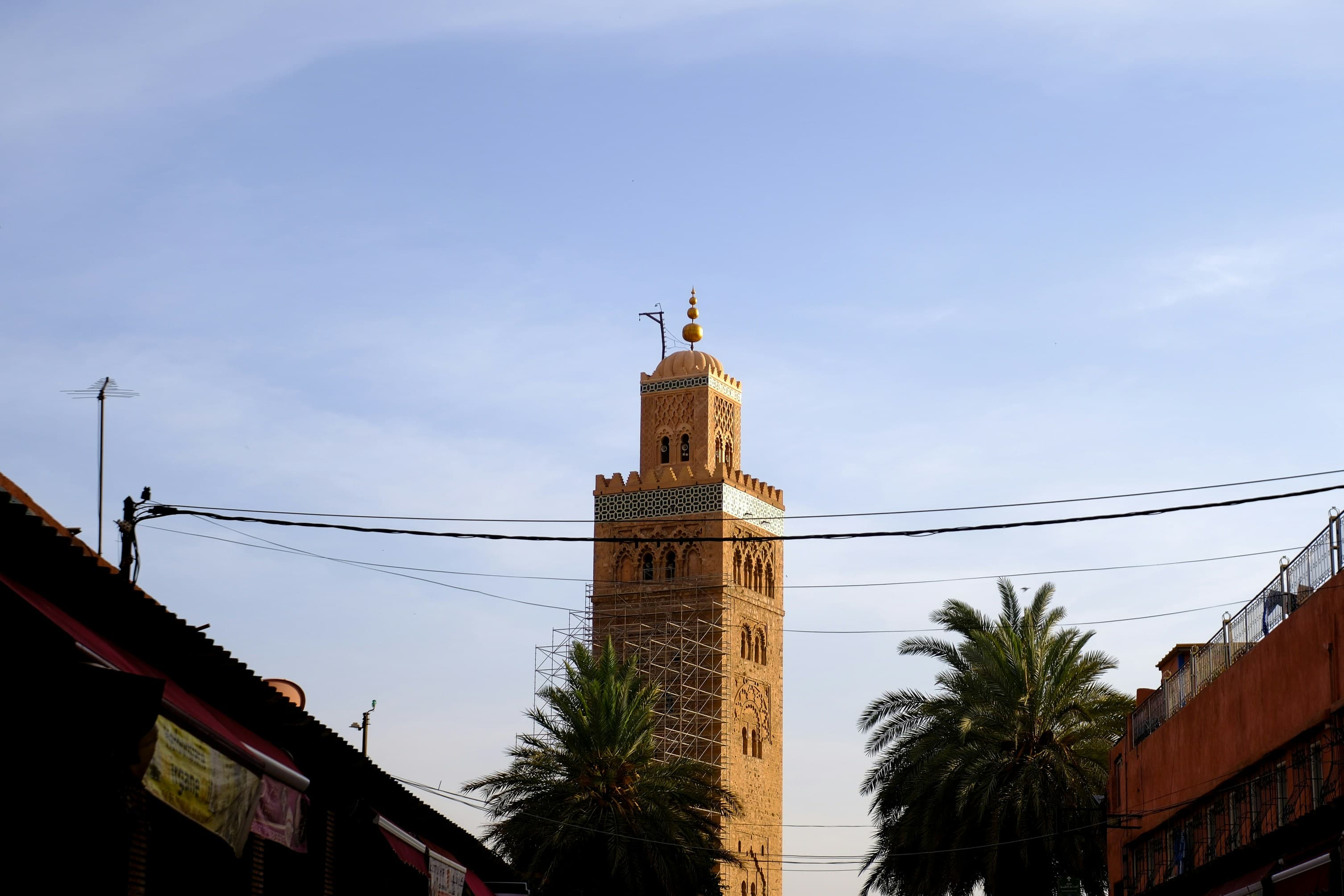 Minaret and city scene in Marrakesh, Morocco